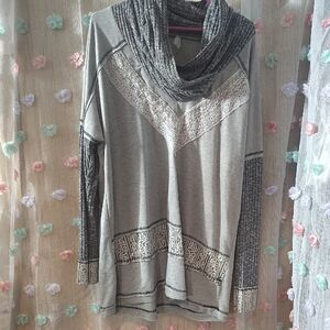 Vanity Gray Lace-Trim Cowl Neck Sweater